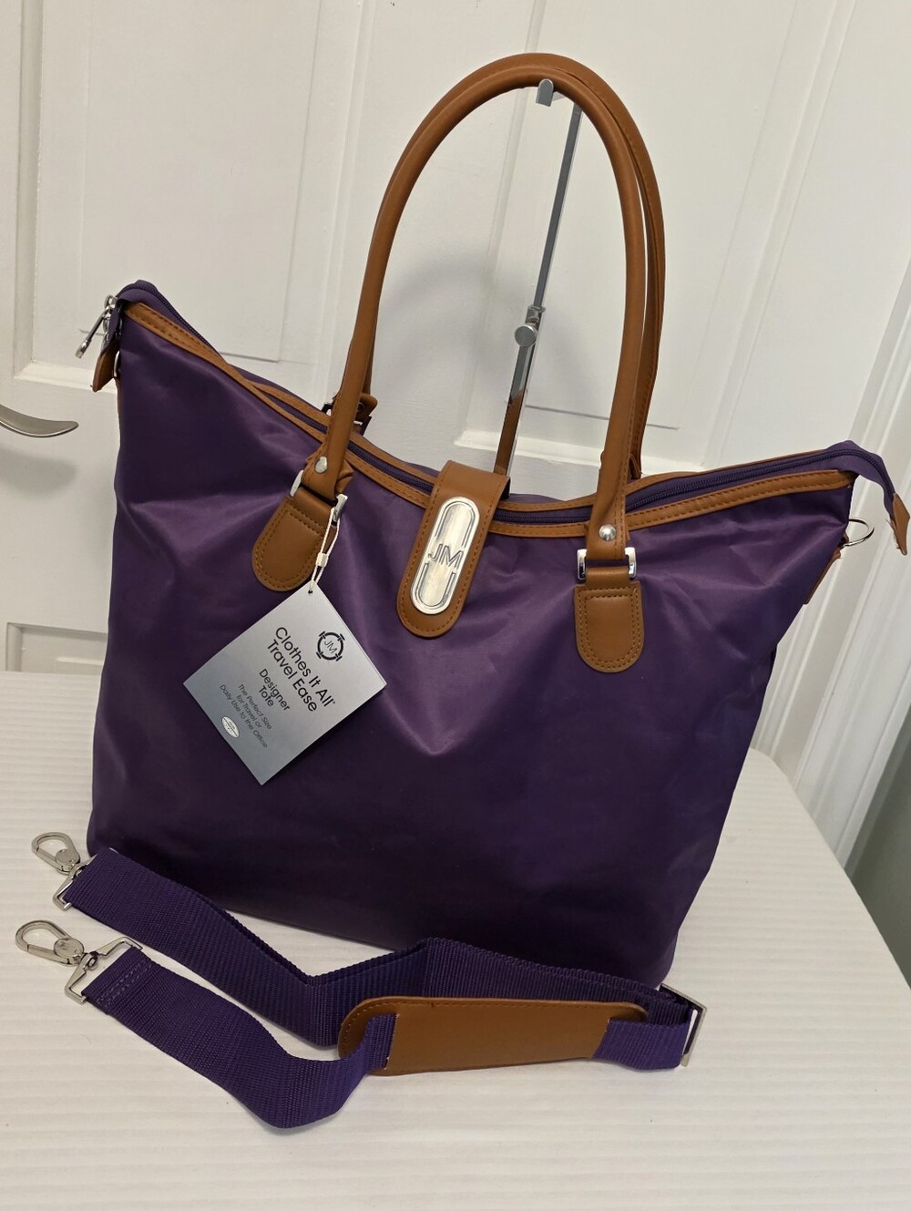 NWT Joy Mangano Purple Travel Ease Tote with Brown Trim & Detachable Strap